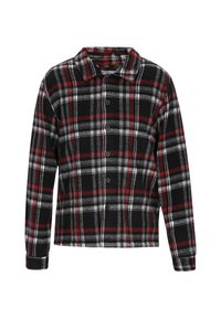 Svart, röd och vit rutigt flanellskjorta med krage, knapplåsning och långa ärmar. Mjuk textur, avslappnad design.