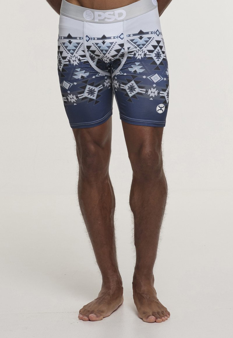 Boxer briefs con motivo in blu scuro, dotati di disegni geometrici in grigio e bianco. Realizzati in materiale elastico, presentano un cinturino elastico grigio.