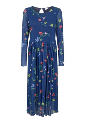 Longue robe bleu marine avec manches longues en tissu transparent et imprimé floral coloré en rouge, vert, rose et violet.