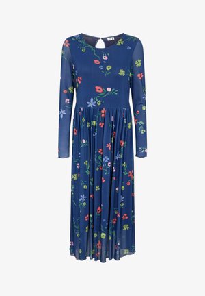 Longue robe bleu marine avec manches longues en tissu transparent et imprimé floral coloré en rouge, vert, rose et violet.