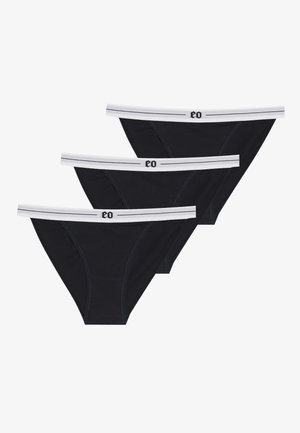 Drei Paare schwarze Baumwollunterhosen mit weißen elastischen Taillenbündchen, die Logo- und Streifendetails aufweisen. Einfaches Design mit vollständiger Abdeckung.