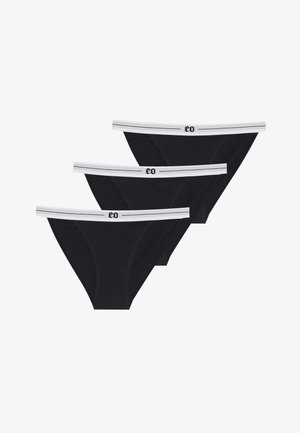 Tre par sorte bomuldsunderbukser med hvide elastiske taljer, der har logo og stribet detaljer. Enkel design med fuld dækning.