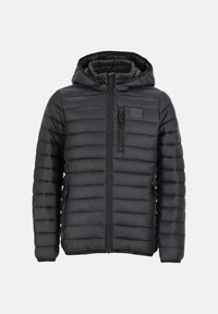 Sort dunjakke med hætte, der har et quiltet design, lynlås foran og sidelommer. Tekstureret stof med en glat finish.