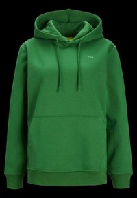 Green hooded sweatshirt made of soft material. Features adjustable drawstrings, a front pocket, and a subtly printed logo on the chest.
