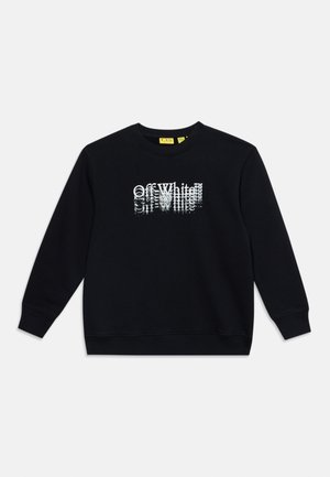 Sweat-shirt noir à manches longues et col rond avec texte blanc déformé "Off-White" centré sur la poitrine.