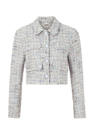 Īsākas teksturētas tvīda jakas ar garām piedurknēm, četriem baltajiem pogām priekšpusē, divām krūšu kabatām un klasisku apkakli jauktās gaišās krāsās.