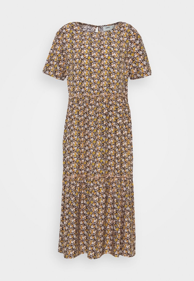Robe midi à manches courtes avec petit imprimé floral jaune et blanc sur fond sombre, taille et panneaux de jupe froncés.