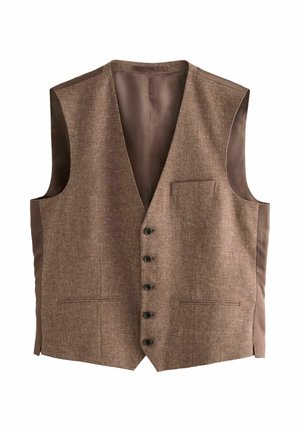 Brown textured vest with a smooth brown lining, featuring a V-neck, six black buttons, and two front pockets.