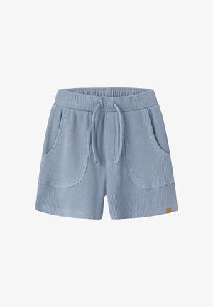 Pantaloncini in maglia azzurri chiaro testurizzati con vita elasticizzata, coulisse, due tasche frontali e piccola etichetta marrone con logo sull'orlo.