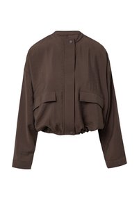 Braune cropped Jacke mit Stehkragen, zwei vorderen Taschen und gerafftem Saum. Besteht aus einem glatten, leichten Stoff.