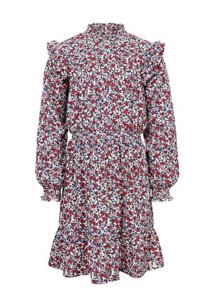Floral jurk met een hoge hals, gerimpelde mouwen, elastische taille en gelaagde rok. Heeft een witte achtergrond met rode en blauwe bloemen.