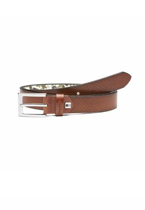 Brown perforated leather belt with metal buckle and decorative inner pattern. Features a smooth edge and a subtle logo detail on the leather.