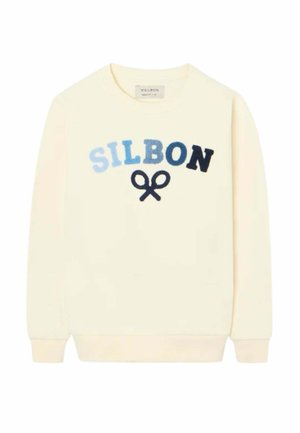 Sudadera de color crema con "SILBON" en letras en degradado azul y un logo de raquetas de tenis cruzadas en azul marino debajo del texto.