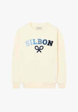 Sudadera de color crema con "SILBON" en letras en degradado azul y un logo de raquetas de tenis cruzadas en azul marino debajo del texto.