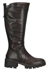 Bota de couro castanha, até ao joelho, com padrão reptiliano texturizado, fecho lateral e sola grossa de borracha preta. Design simples e elegante.