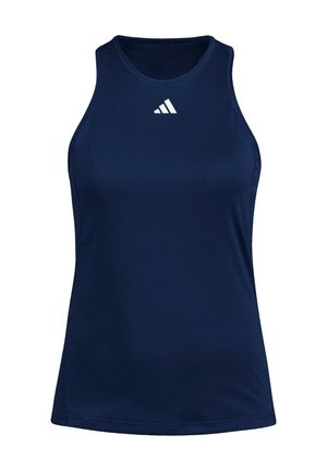 Marineblauwe mouwloze sporttanktop met ronde halslijn en het witte Adidas-logo gecentreerd onder de halslijn.