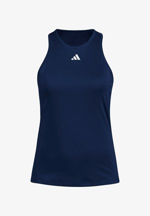 Marineblaue ärmellose Sporttank mit rundem Ausschnitt und weißem Adidas-Logo, das zentriert unter dem Ausschnitt platziert ist.
