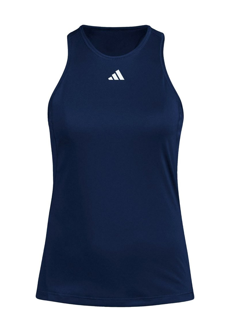 Marineblaue ärmellose Sporttank mit rundem Ausschnitt und weißem Adidas-Logo, das zentriert unter dem Ausschnitt platziert ist.