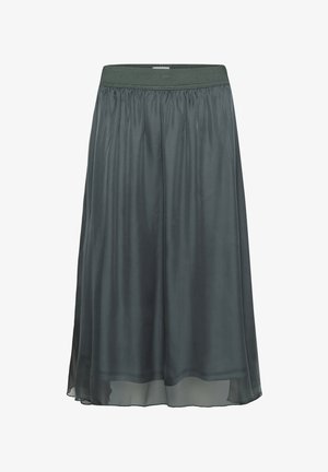 Gonna midi verde scuro con sovrapposizione trasparente, vita elasticizzata e dettagli di tessuto arricciato.