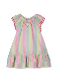 Kleurrijke gestreepte jurk met korte ruches mouwen, voornamelijk in pastelkleuren van roze, geel en blauw, met een hartpatch op de borst.