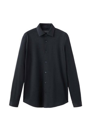 Zwarte lange mouw blouse met knopen en kraag, effen ontwerp, weergegeven tegen een witte achtergrond.