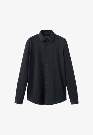 Chemise noire à manches longues avec boutons et col, design uni, présentée sur un fond blanc.