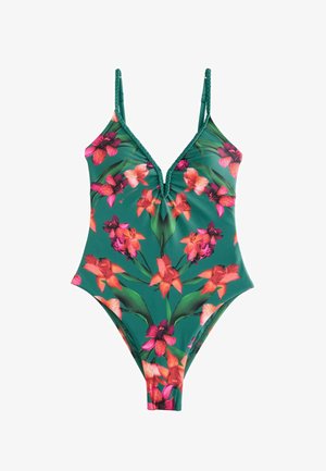 Grøn badedragt i ét stykke med pink og orange blomsterprint, fletede skulderstropper og en dyb V-udskæring.