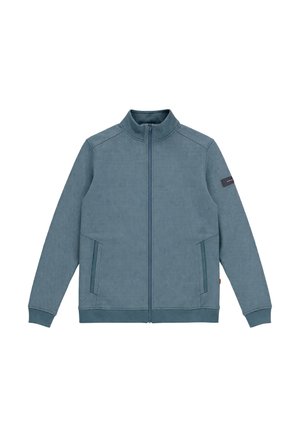 Mėlynos ir pilkos spalvos striukė su užtrauktuku, stovas apykakle, ilgomis rankovėmis, šoninėmis kišenėmis ir mažu juodu lopu kairėje rankovėje.