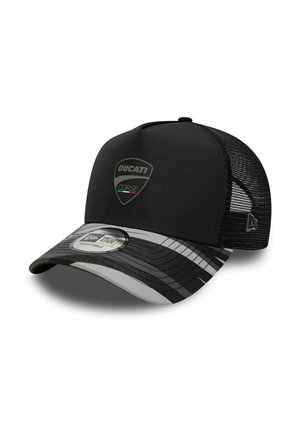 Black mesh trucker cap with "Ducati Corse" logo on front and adjustable striped brim.