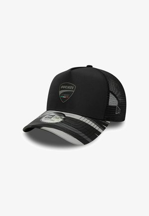 Black mesh trucker cap with "Ducati Corse" logo on front and adjustable striped brim.
