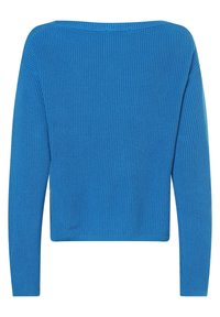 Niebieski sweter z prążkowanej dzianiny, z długimi rękawami, szerokim dekoltem i skróconym fasonem. Teksturowane wyko�ńczenie z poziomymi liniami w całym wyrobie.
