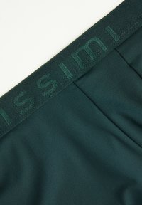 Zelené plavky s měkkou texturou, které mají odpovídající tkaný elastický pas s vyraženým logem.