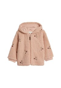 Lichtroze fleece hoodie, met een geborduurd bloemenpatroon, een voorrits en ribgebreide mouwen. Zacht, textuurvol stof verhoogt de warmte.