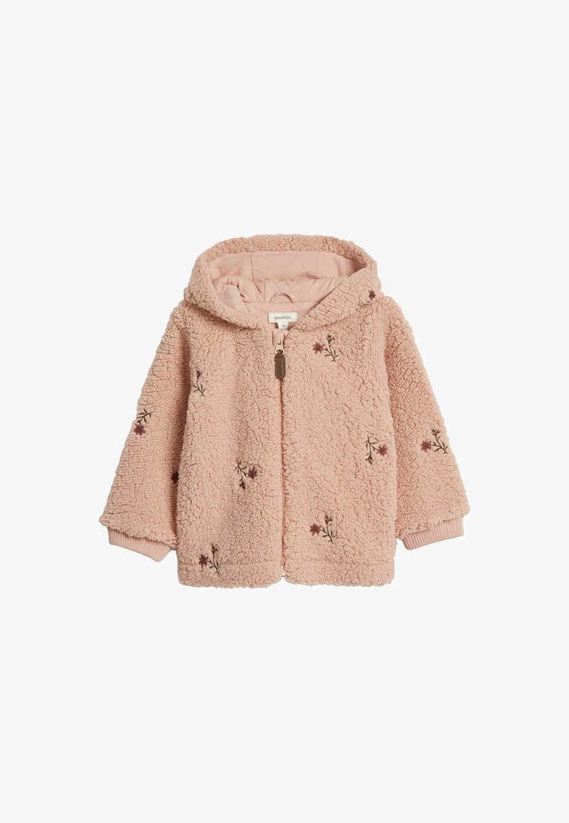 Jasnoróżowa polarowa bluza z kapturem, z haftowanym wzorem kwiatowym, zamkiem błyskawicznym z przodu i ściągaczami na rękawach. Miękka, teksturowana tkanina podkreśla ciepło.