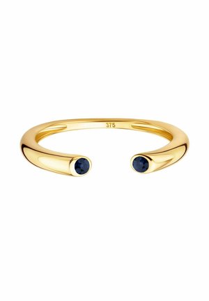 Goldfarbiger Armreif mit zwei blauen Steinen an beiden Enden, der ein glattes, abgerundetes Design aufweist und innen mit "375" gekennzeichnet ist.