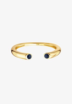 Bague de poignet couleur or avec deux accents de pierres bleues à chaque extrémité, présentant un design lisse et arrondi, marquée "375" à l'intérieur.