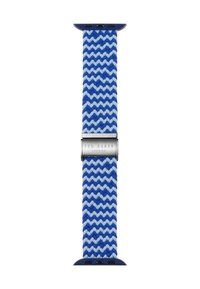 Correa de reloj tejida con patrón en zigzag azul y blanco, con hebilla de metal plateado etiquetada como "TED BAKER LONDON" y extremos de plástico.