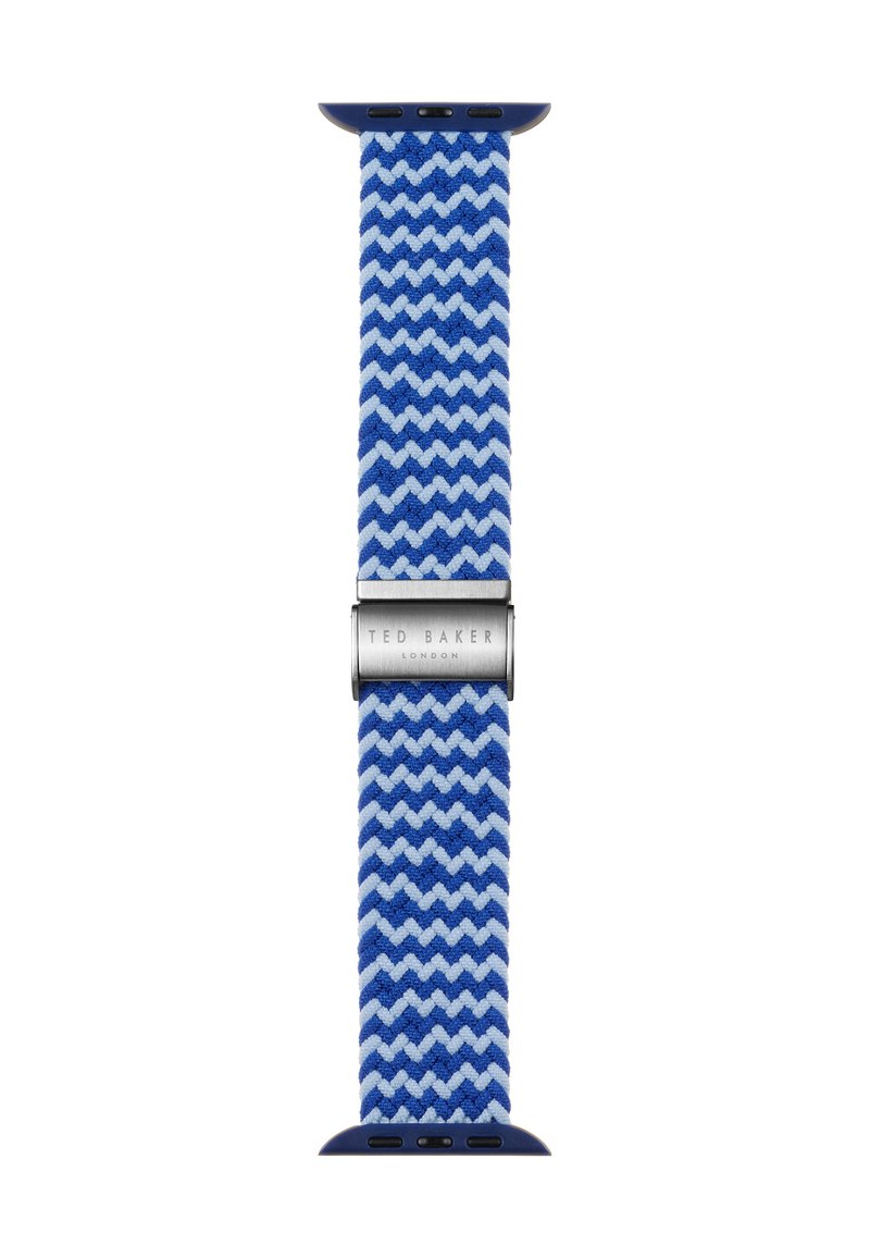 Correa de reloj tejida con patrón en zigzag azul y blanco, con hebilla de metal plateado etiquetada como "TED BAKER LONDON" y extremos de plástico.