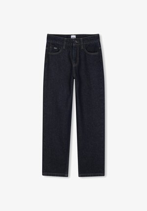 Donkerblauwe jeans met rechte pijpen, voorzakken, knoopsluiting en een klein BOSS-logo op het muntzakje en het label in de tailleband.