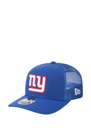 Casquette de baseball bleue avec un dos en mesh, ornée d'un logo "ny" brodé en blanc et rouge sur le devant et d'une visière plate.