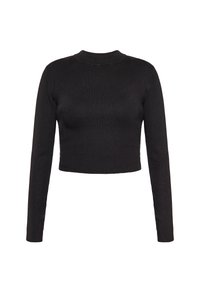 Czarny prążkowany sweter cropped z długim rękawem, o subtelnym wykończeniu w stylu mock neck i dopasowanym kroju. Teksturowany materiał z rozciągliwością dla idealnego dopasowania.