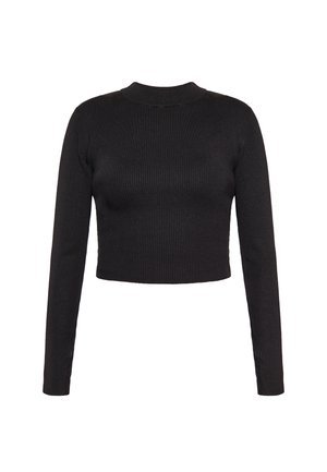 Top negro de punto acanalado cropped de manga larga con un sutil cuello tipo mock y silueta ajustada. Tejido texturizado con elasticidad para un ajuste ceñido.