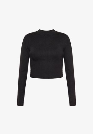 Top negro de punto acanalado cropped de manga larga con un sutil cuello tipo mock y silueta ajustada. Tejido texturizado con elasticidad para un ajuste ceñido.