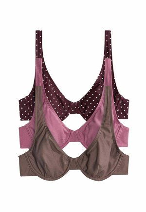 Three women’s bras stacked, colors include brown, dusty pink, and dark burgundy with white polka dots, displayed against white background.