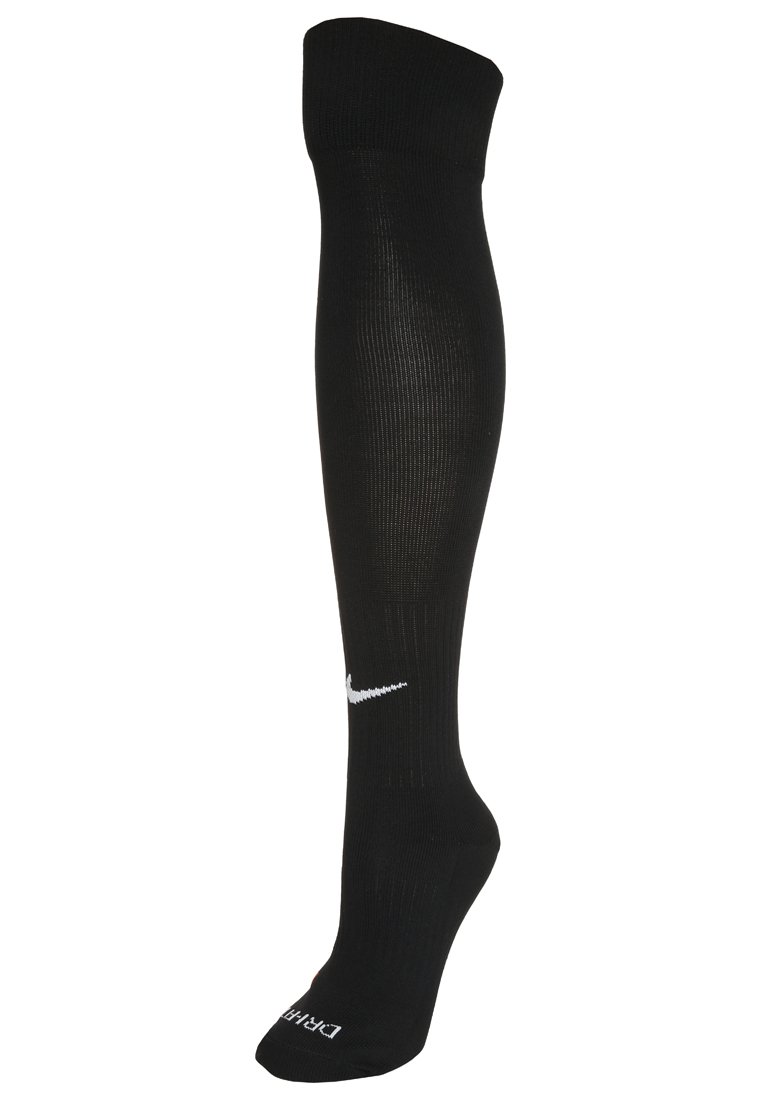 Sorte knæsokker med ribbet tekstur, der har et hvidt Nike-logo på siden og en forstærket tå for holdbarhed.
