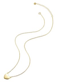 Zeltītā kaklarota ar sirds formas piekariņu, smalku ķēdīti un omā uzgali ar regulējamu garuma ķēdes pagarinātāju.