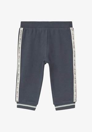 Gray athletic pants with a soft texture, featuring elastic waistband, contrasting cuffs, and side stripes with "CLUB FITNESS" text.