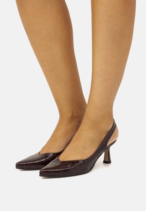 Gambe di donna che indossano tacchi slingback a punta con motivo coccodrillo marrone scuro e tacco curvo di altezza media su uno sfondo bianco.