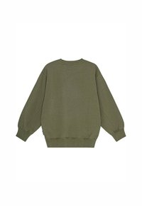 Olivgrön sweatshirt med lös passform, rund halsringning, sänkta axlar och ribbade mudd och fåll. Slät tygtextur; enkel design.