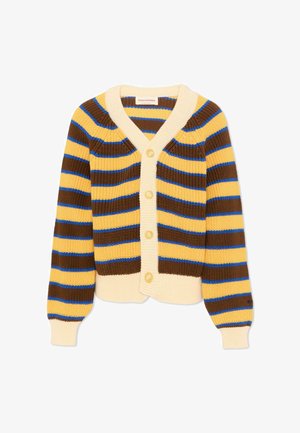 Cardigan en maille épaisse avec des rayures horizontales jaunes, marron et bleues, patte de boutonnage, poignets et ourlet crème. Quatre boutons sur le devant.